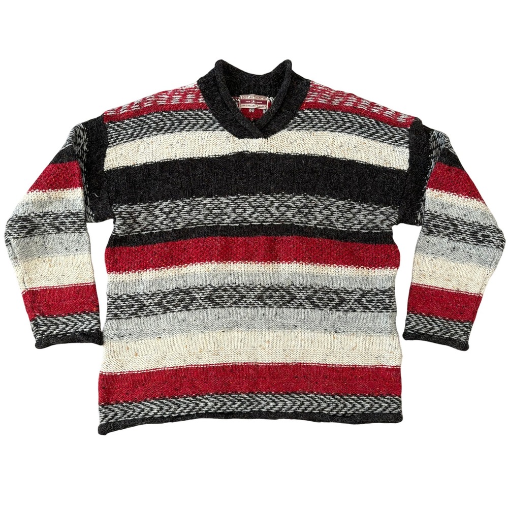 Vintage Best Authentic Men's Wool Blend Ski Sweater Sz L Stripe Black‎ White Red